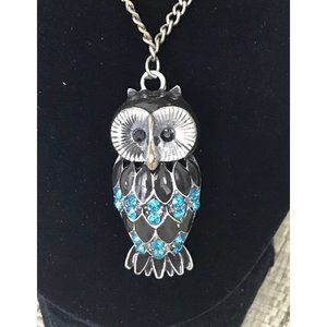 Owl Pendant‎ Necklace Silver Tone Black Blue Rhinestone Chain Jewelry